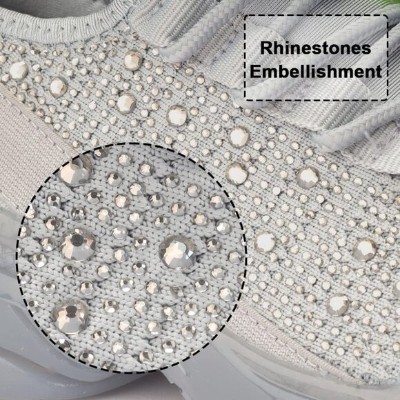 Women's Rhinestone Gray  Mesh Slip On Walking Breathable Glitter Sneaker Shoes - Picture 3 of 7